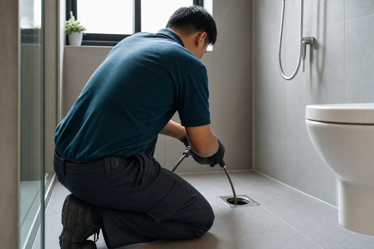Plumber clearing a choked floor trap in an HDB bathroom with a drain auger