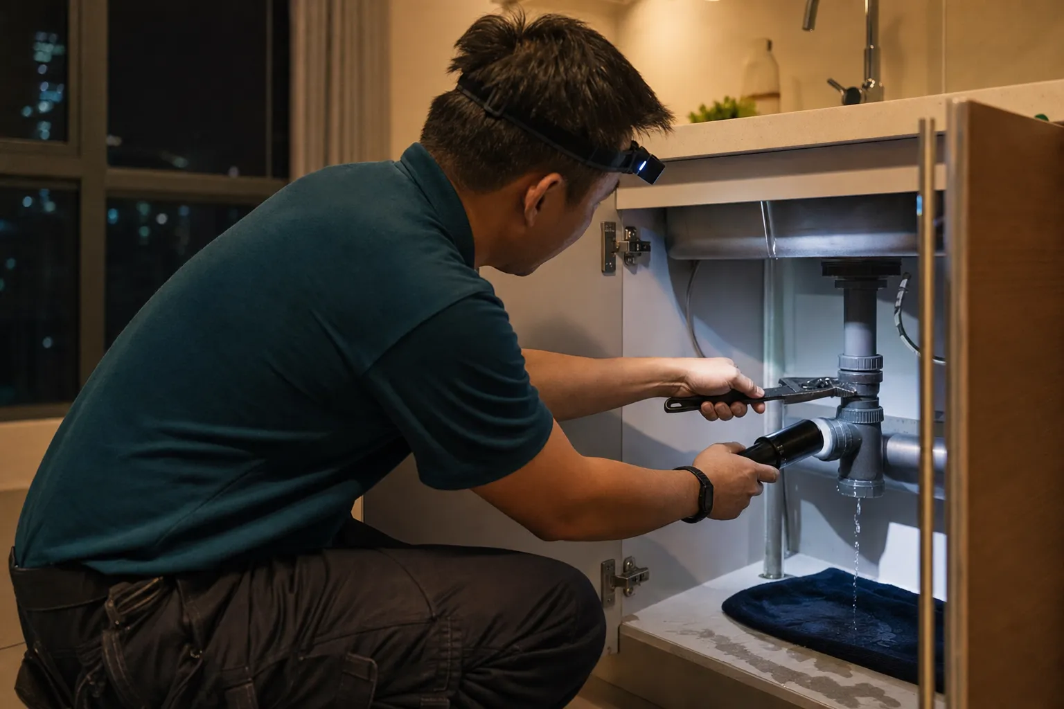 Emergency plumber repairing a leaking pipe under a kitchen sink at night