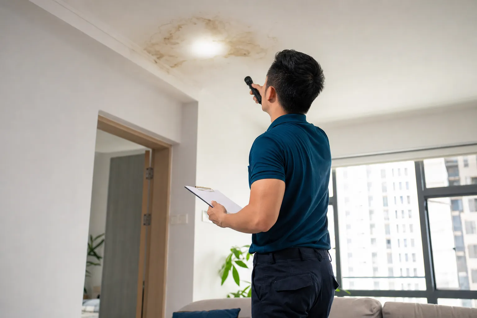 Plumber inspecting a ceiling water stain with a flashlight in a Singapore home