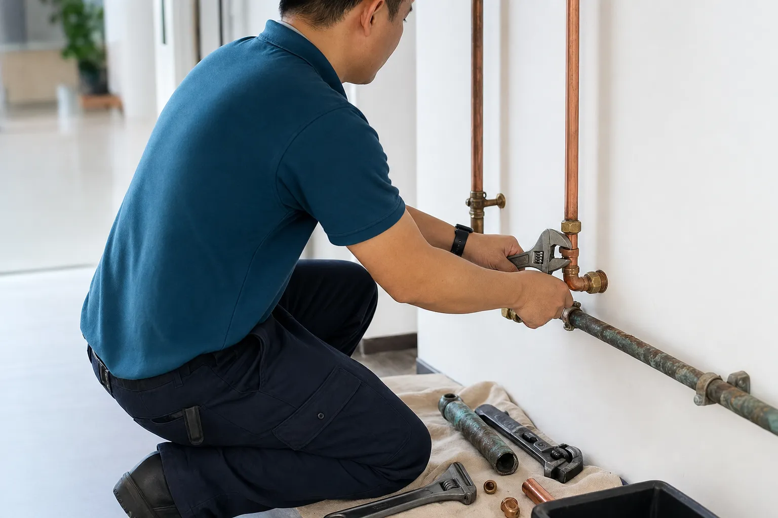 Plumber repairing exposed copper water pipes with a wrench