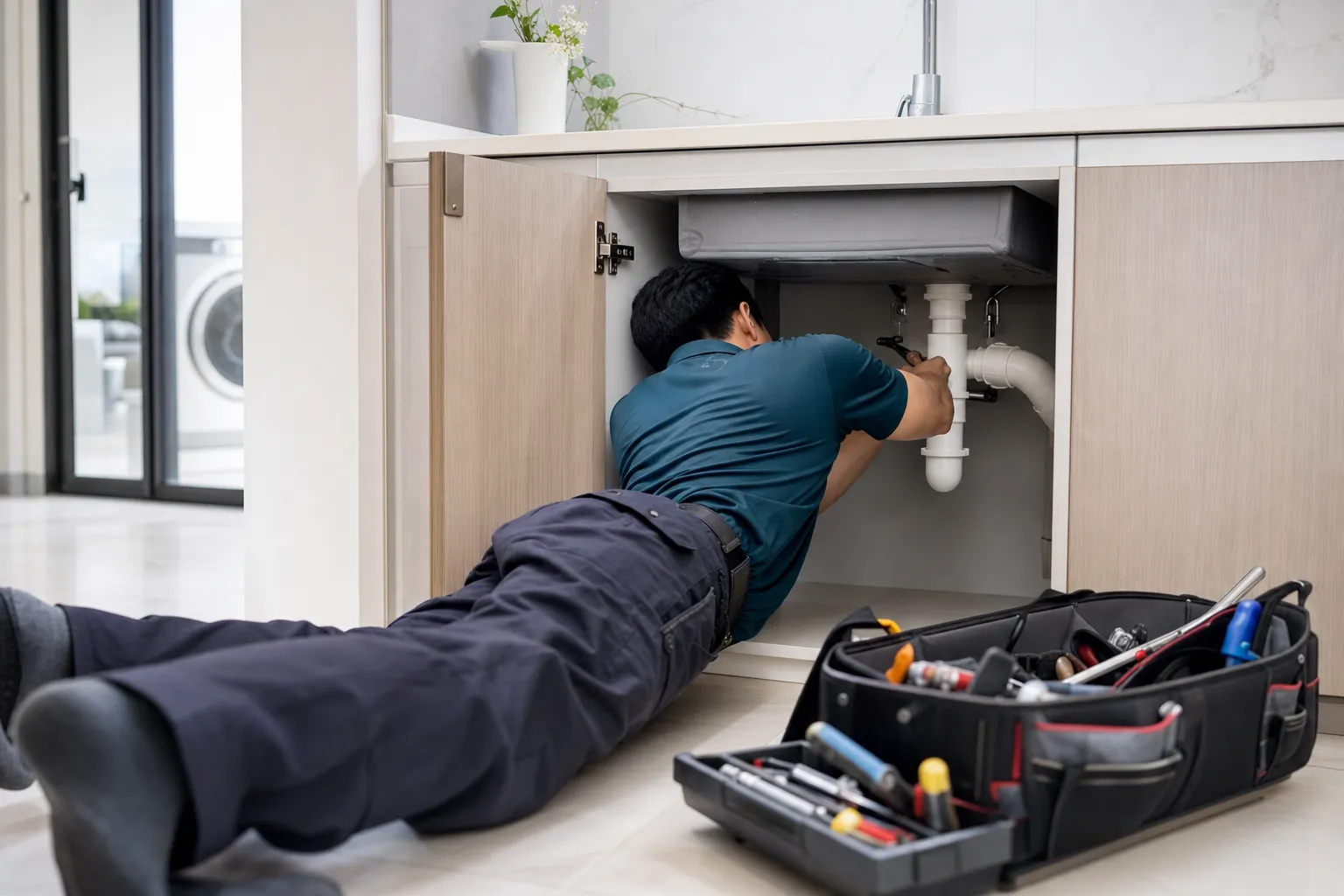 Plumber repairing the waste pipe inside a kitchen sink cabinet