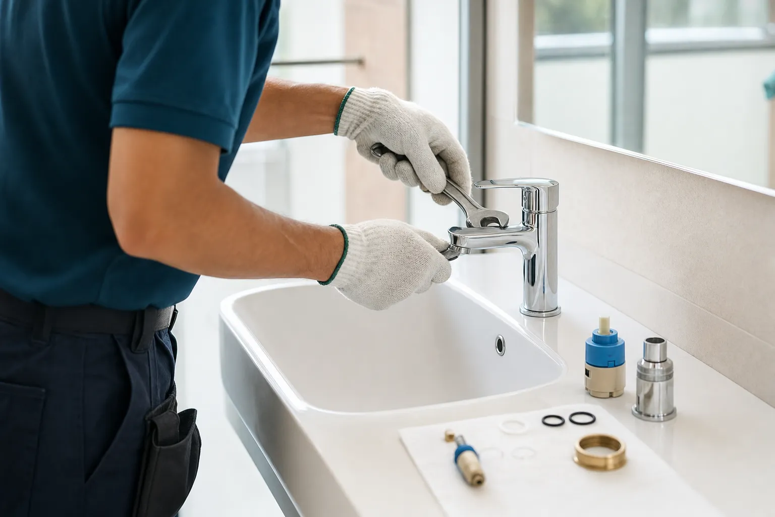 Plumber fitting a new chrome mixer tap on a bathroom basin