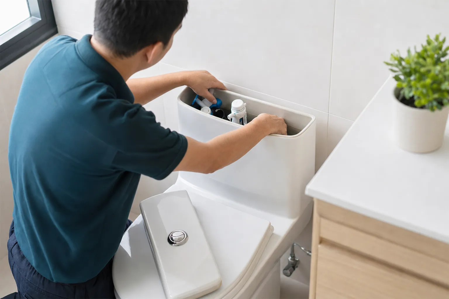 Plumber repairing the flush mechanism inside a toilet cistern