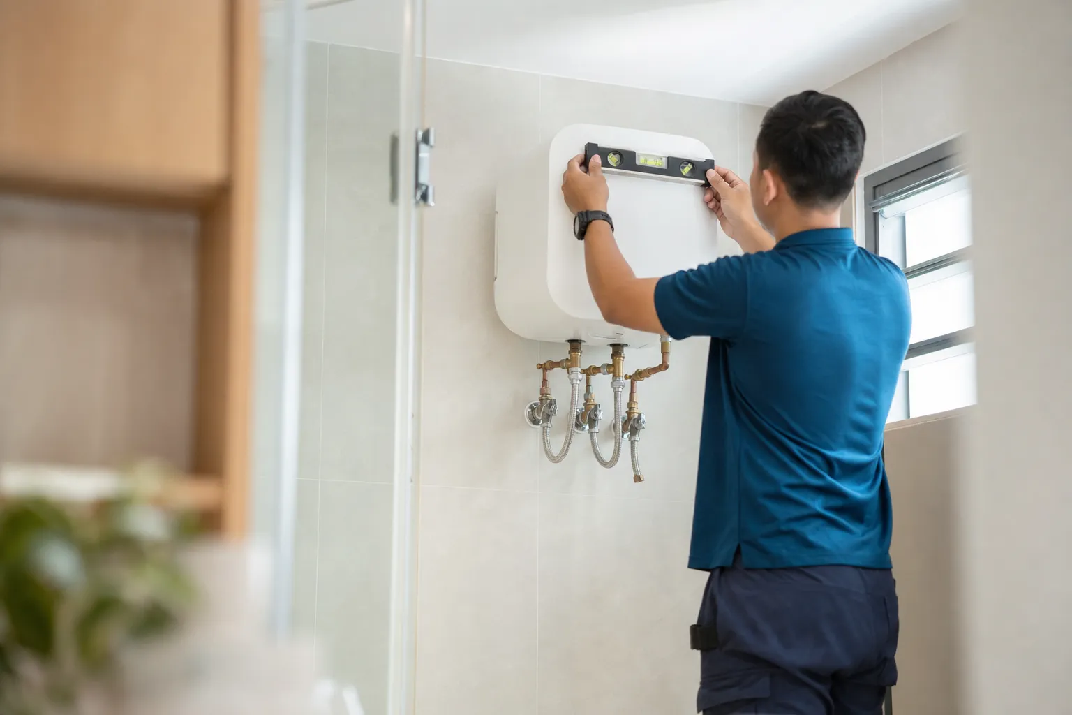 Plumber installing a storage water heater on a bathroom wall