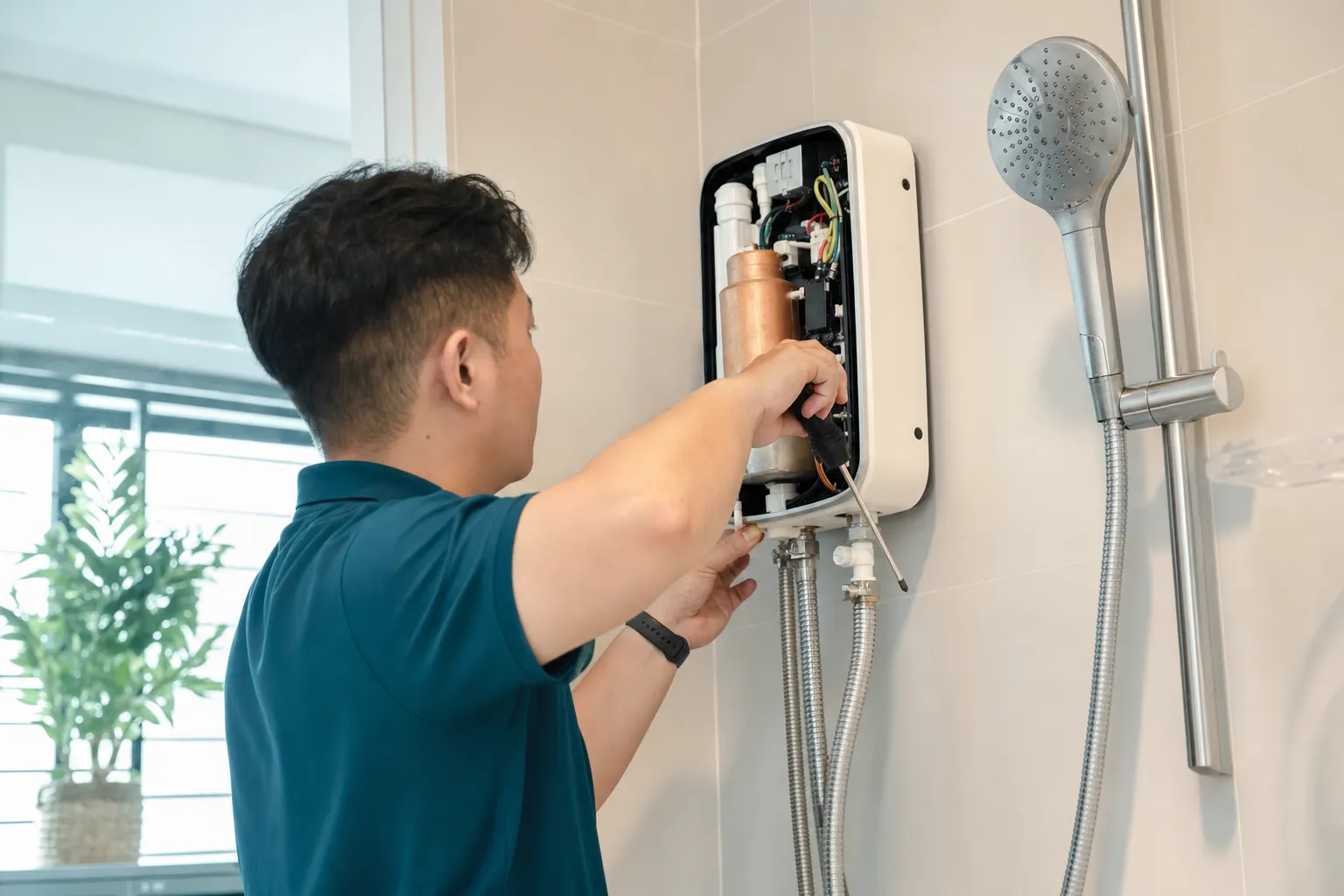Plumber servicing a wall-mounted instant water heater in a shower area